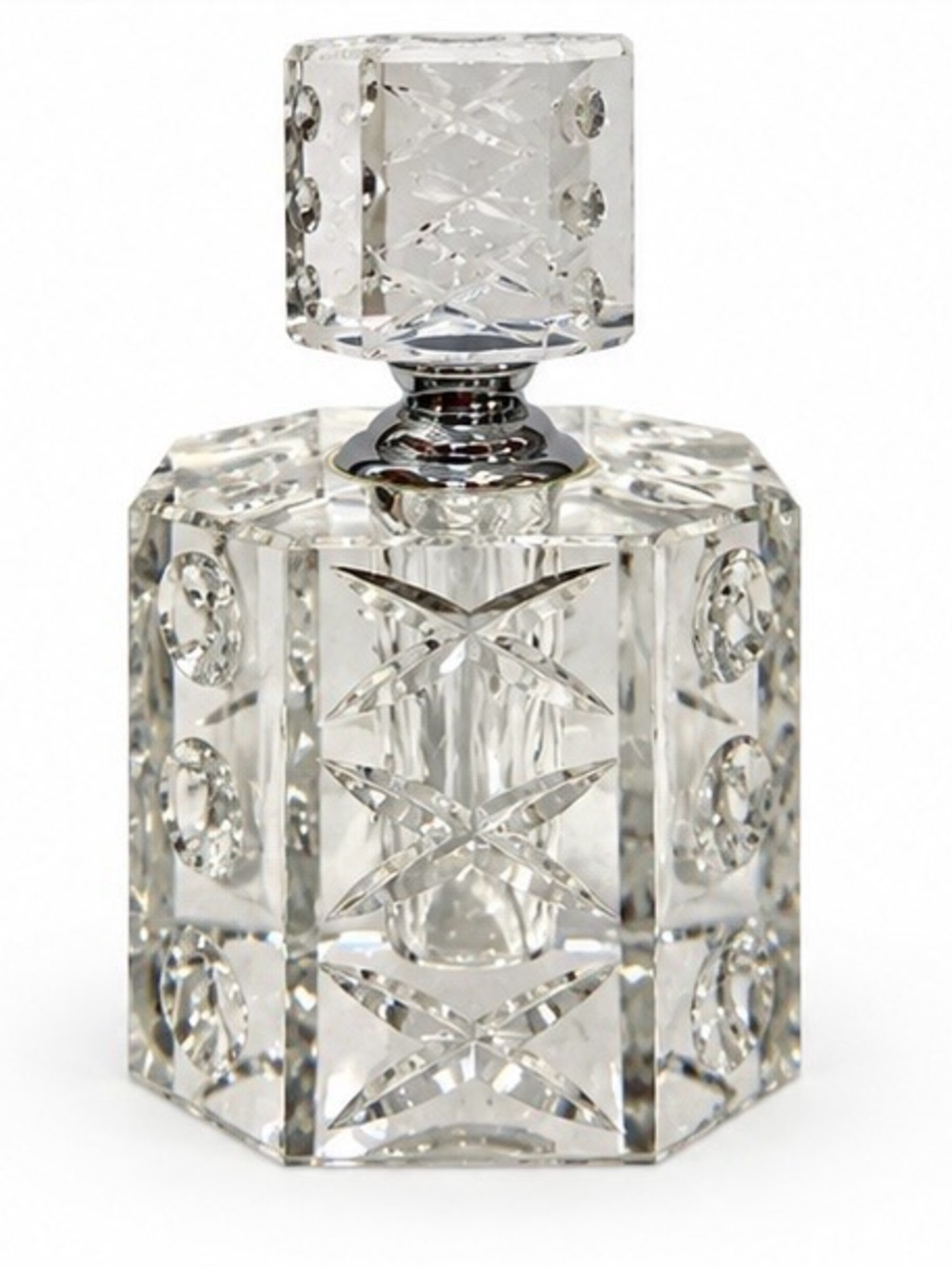 Oleg Cassini Signed Leaded Crystal Cut Glass Carved Perfume Bottle 4" Empty - Picture 1 of 6